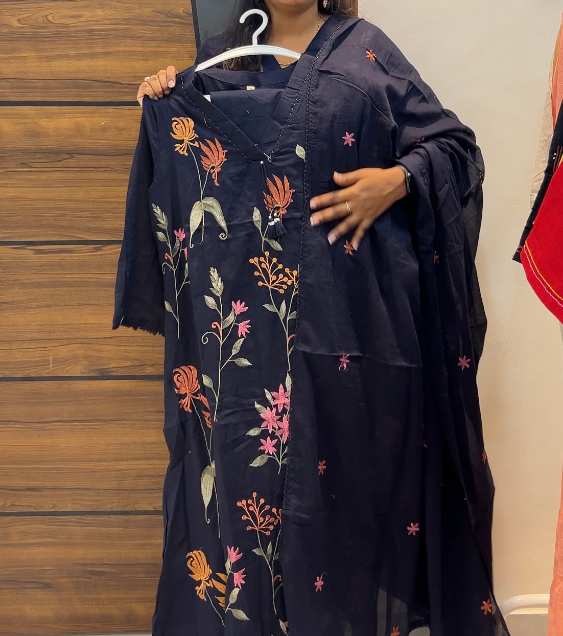 Premium Mul Cotton Embroidered A-Line Three-Piece Kurta Set