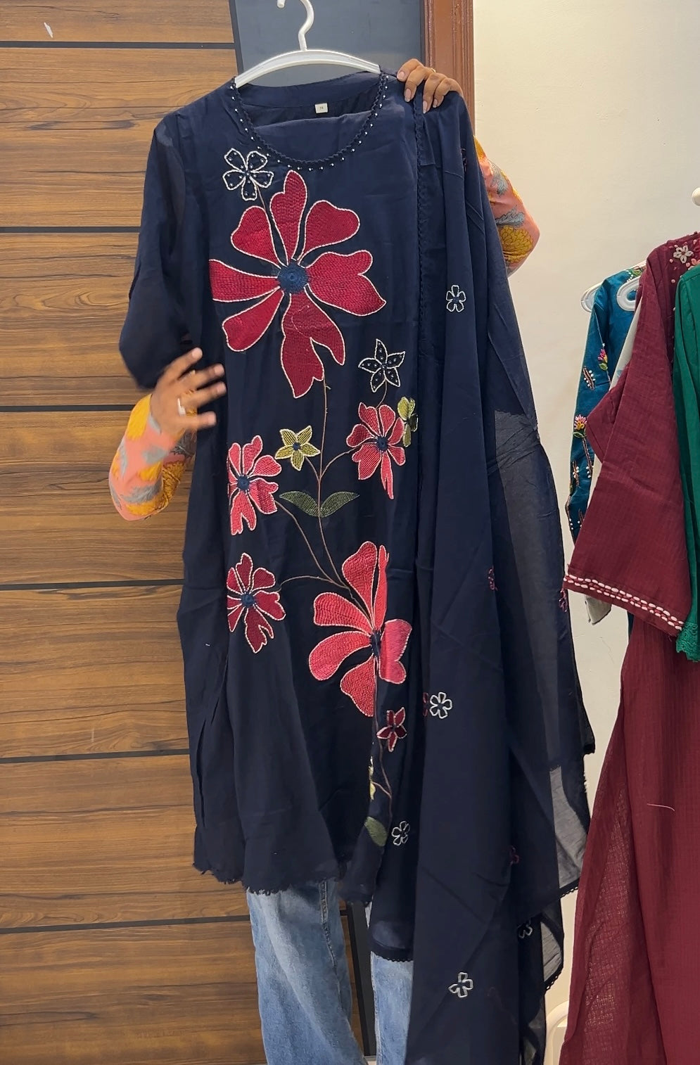 Premium Mul Cotton Embroidered A-Line Three-Piece Kurta Set