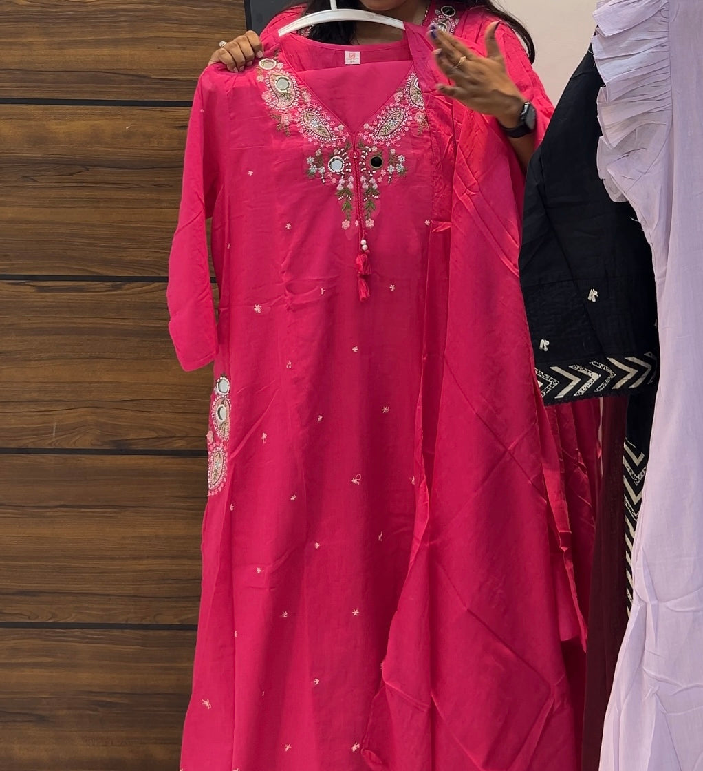 Premium Mal Cotton Full-Length A-Line Three-Piece Kurta Set