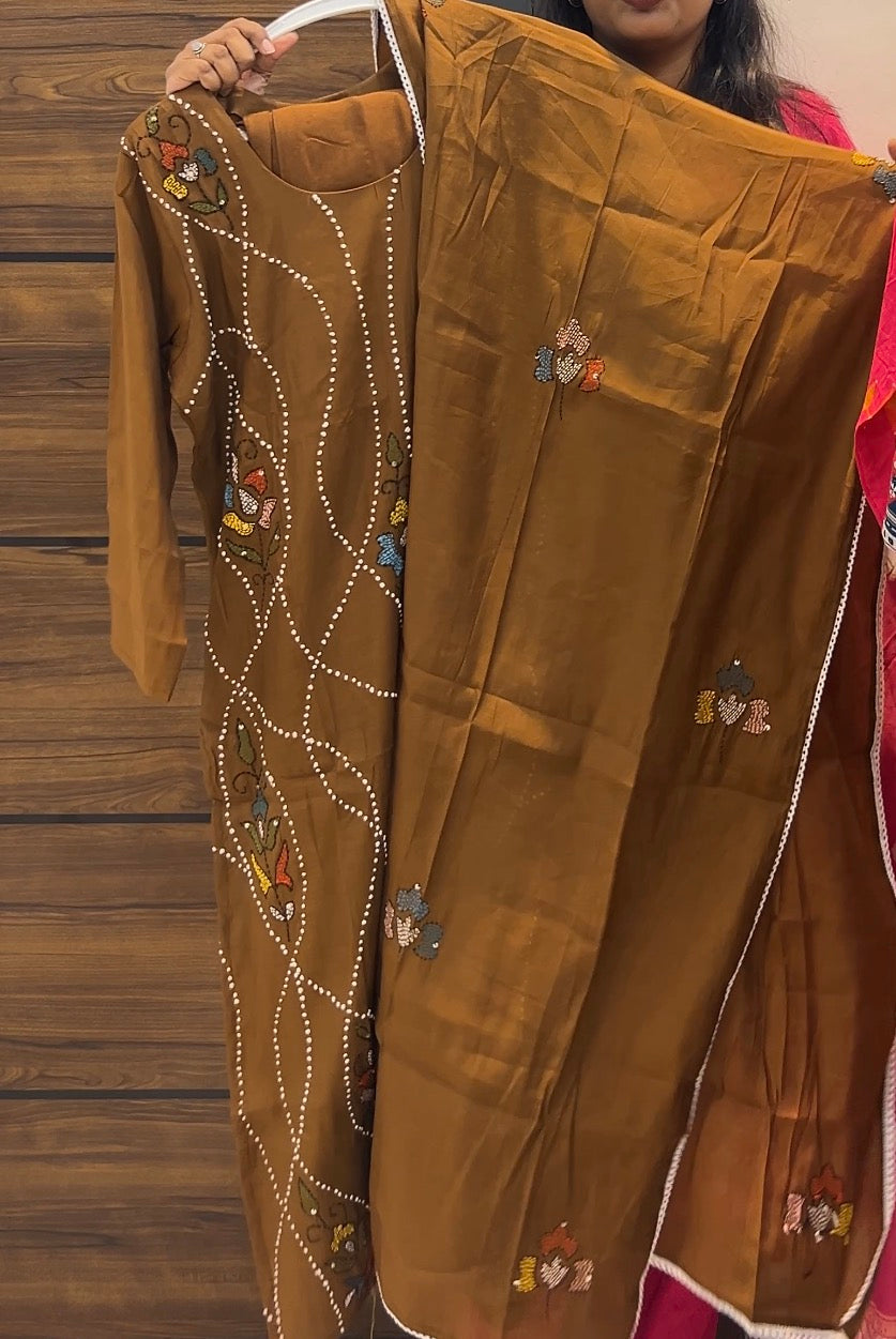 Premium Mul Chanderi Embroidered Three-Piece Kurta Set