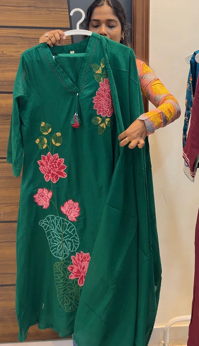 Premium Mal Cotton Embroidered A-Line Three-Piece Kurta Set