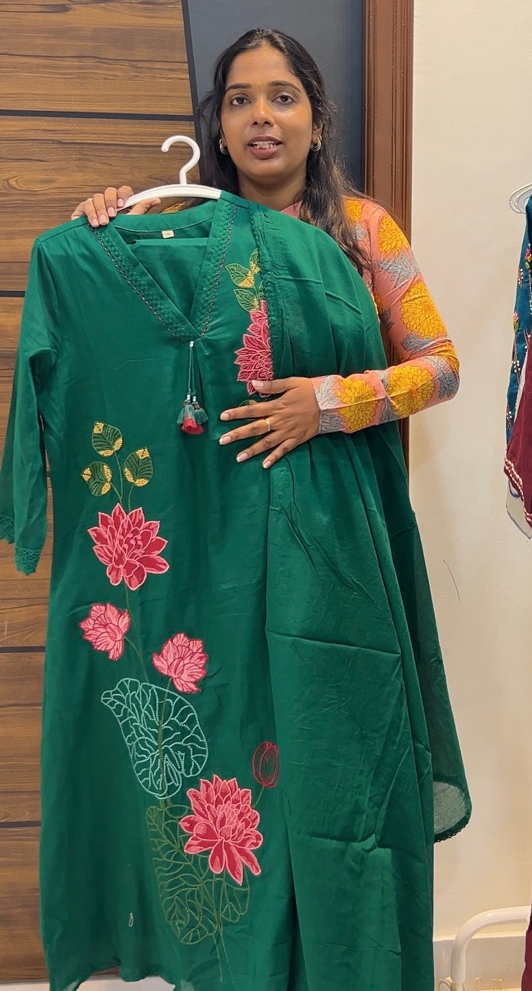 Premium Mal Cotton Embroidered A-Line Three-Piece Kurta Set