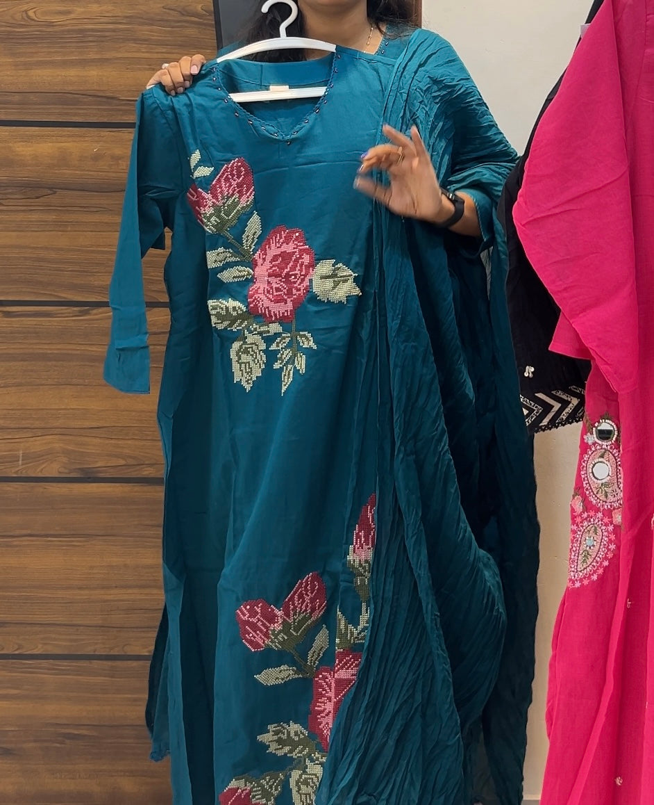 Cotton Embroidered A-Line Three-Piece Kurta Set