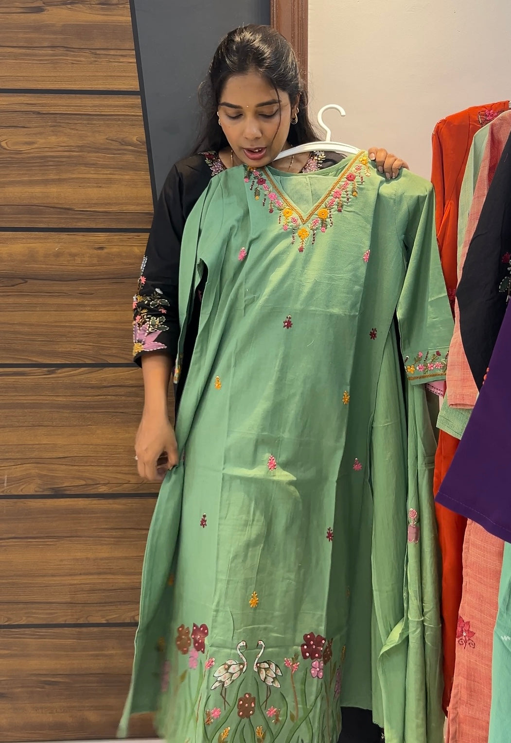 Pure Cotton Brush Paint & Embroidered Three-Piece Kurta Set