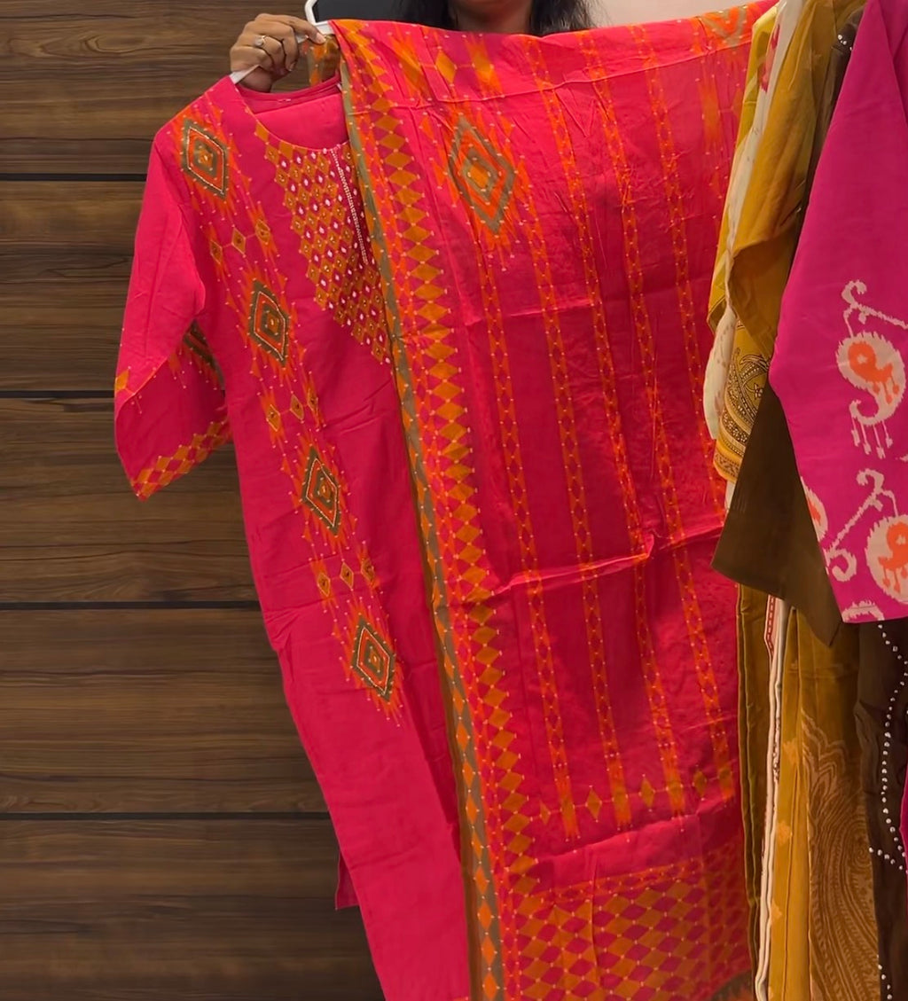 Premium Cotton Three-Piece Kurta Set with Ikat Design