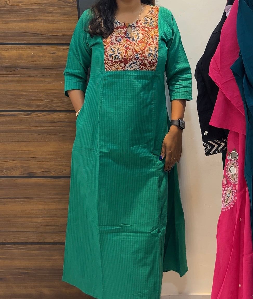 Beautiful Cotton Checks A-Line Frock with Kalamkari Yoke