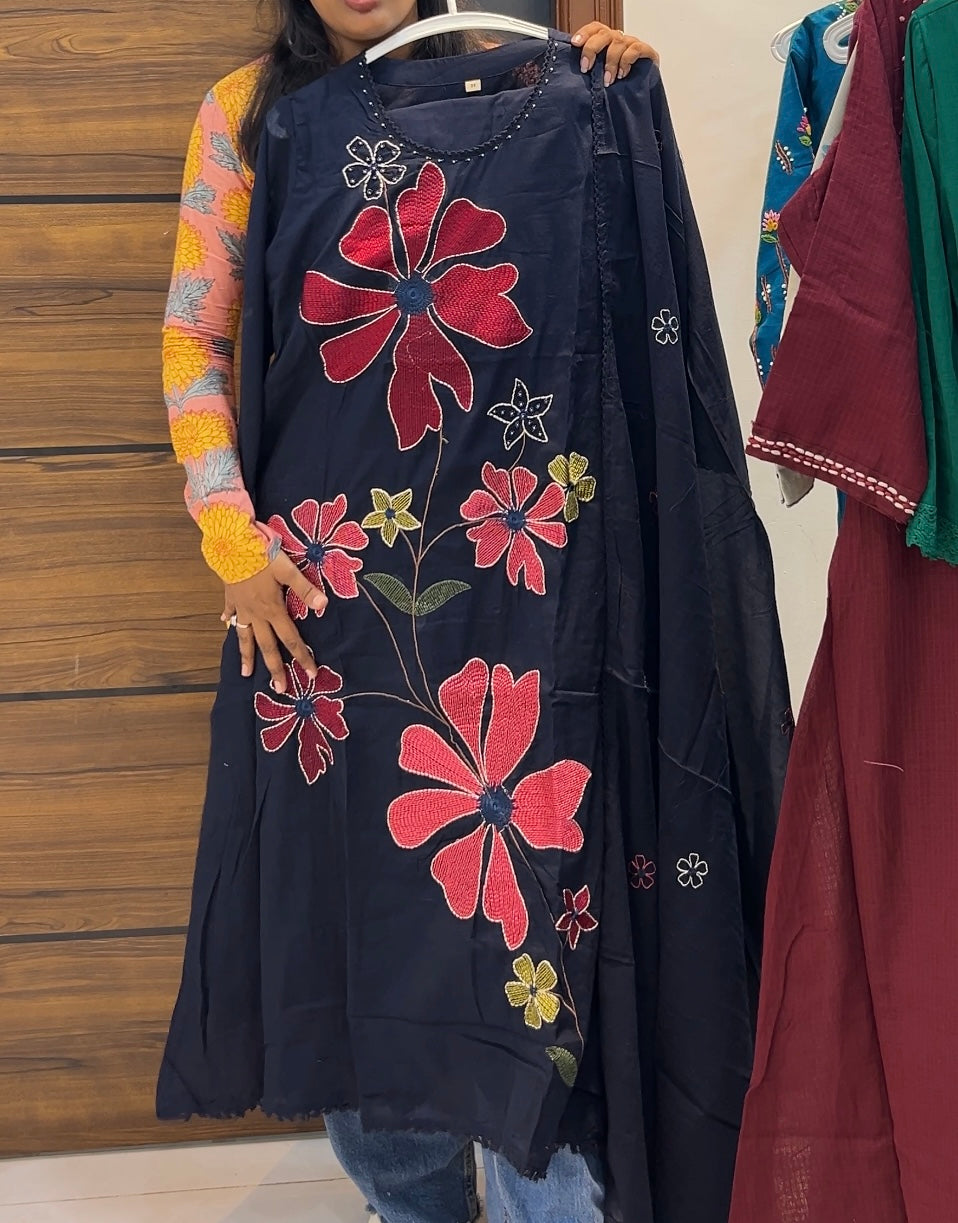 Premium Mul Cotton Embroidered A-Line Three-Piece Kurta Set