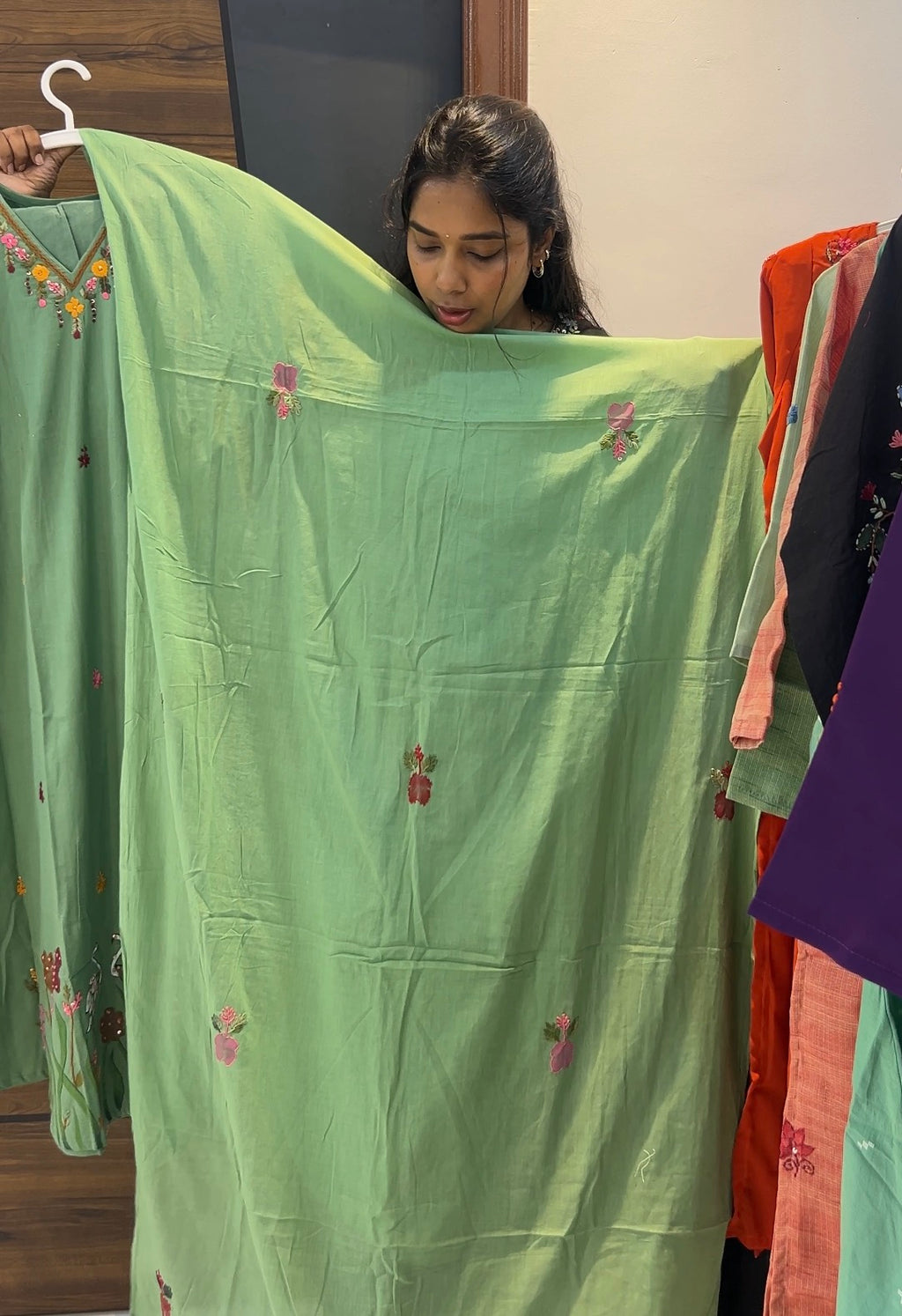 Pure Cotton Brush Paint & Embroidered Three-Piece Kurta Set