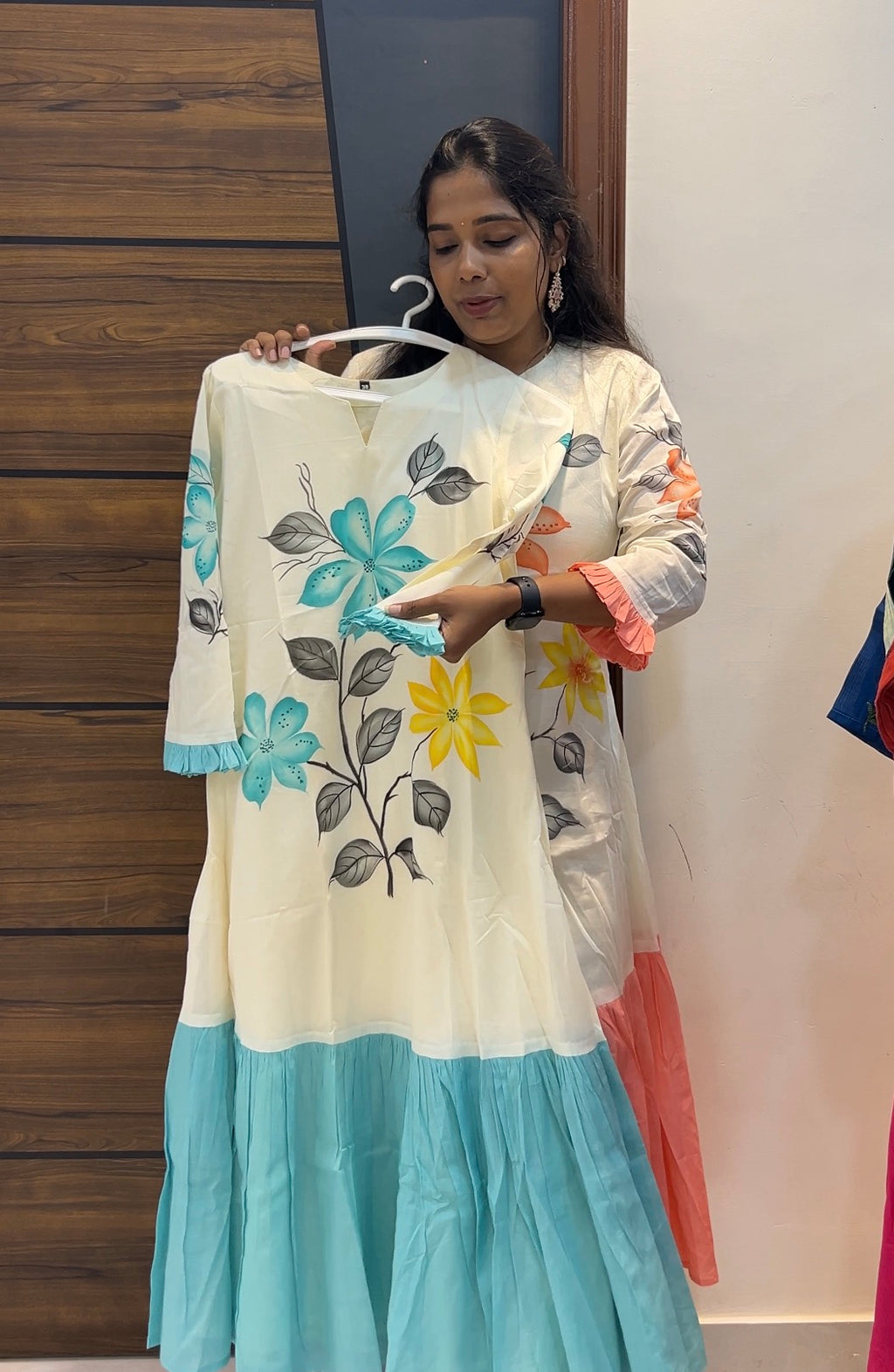 Hand-Painted Dual Shade Mul Cotton Floral Frock