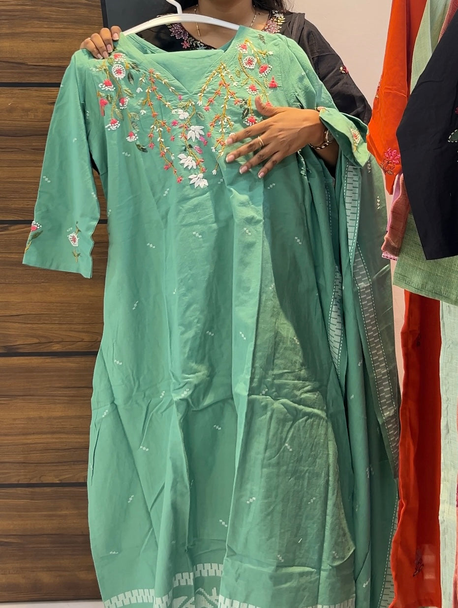 Handloom A Line Jamdani Woven Three-Piece Kurta Set