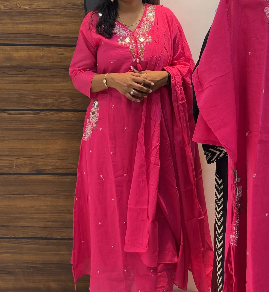 Premium Mal Cotton Full-Length A-Line Three-Piece Kurta Set