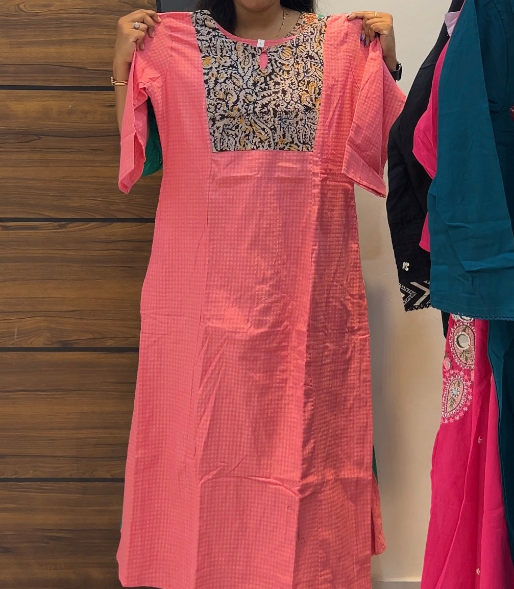 Beautiful Cotton Checks A-Line Frock with Kalamkari Yoke