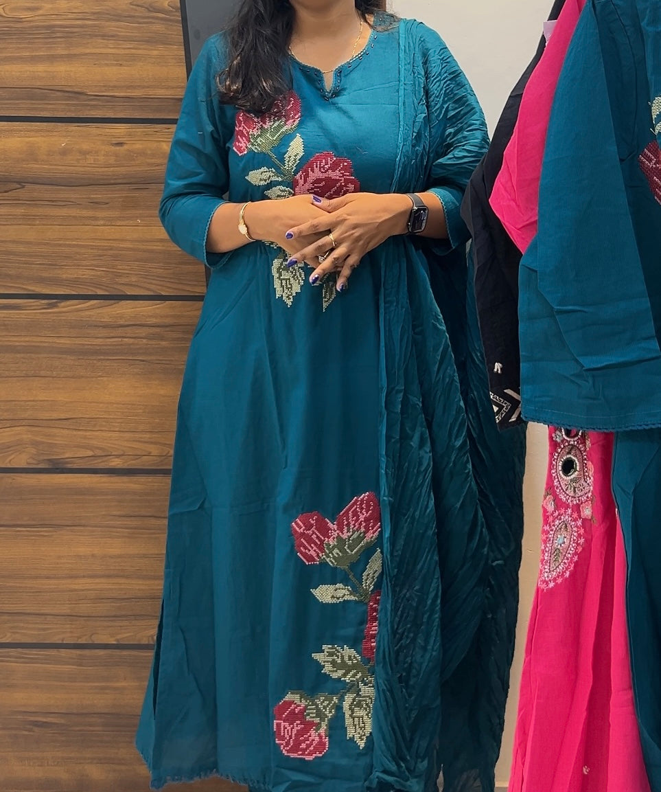 Cotton Embroidered A-Line Three-Piece Kurta Set