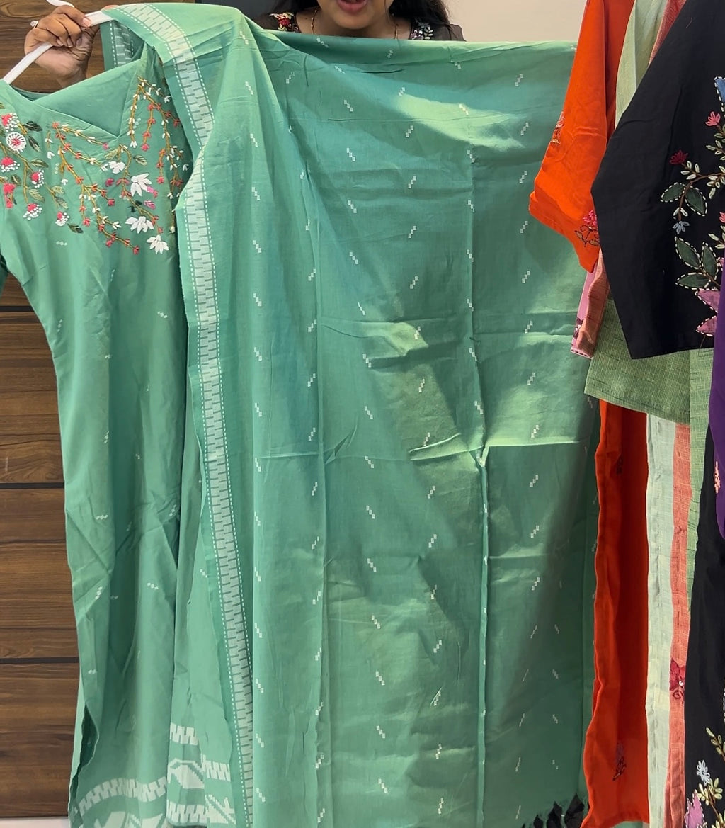 Handloom A Line Jamdani Woven Three-Piece Kurta Set