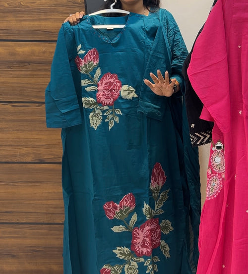 Cotton Embroidered A-Line Three-Piece Kurta Set